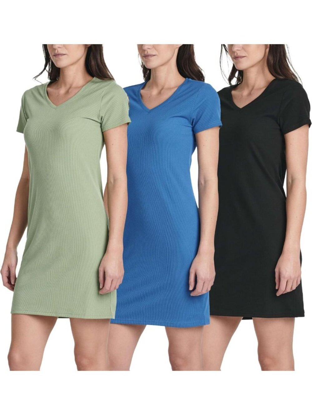 3-Pack Women's Ribbed Knit V-Neck Swing T-Shirt Casual Dress - Plus Sizes